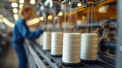 Aufkleber - Textile industry machine with threads and worker in background : Generative AI