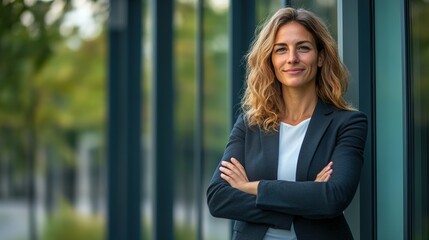 Poster - Confident businesswoman standing outside a modern office building, representing professional success