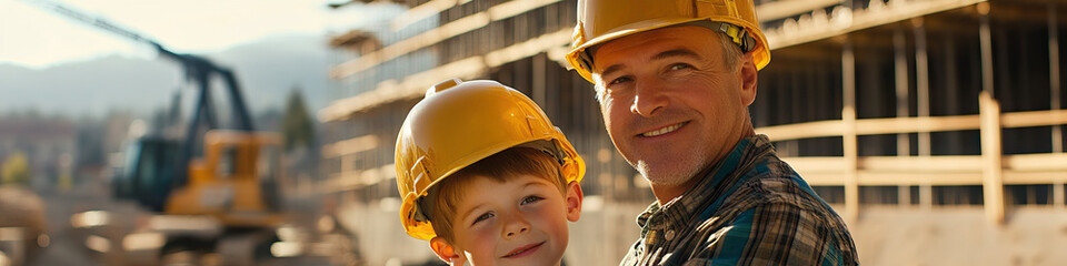 A proud Caucasian father and son team working together at a construction site, wearing hard hats