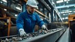 © The Little Hut - A technician wearing blue overalls and a white helmet operates machinery at an industrial recycling facility where he manages the sorting and processing of refusederived fuel RDF on a  : Generative AI