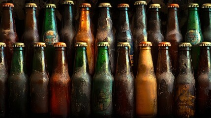 A display of craft beer bottles in various styles and designs arranged neatly in a row, showcasing the diversity of craft beer options available to consumers.