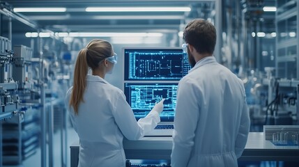 Poster - Experienced Male and Female Engineers Standing on a Platform at a Modern Industrial Factory Using Laptop Computer and Discussing Production of Modern Electronics for Artificial Intelli : Generative AI