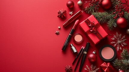 Flat lay composition with makeup products in red giftbox and Christmas decor on red background. Christmas sale of beauty products concept.