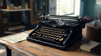 A close-up view of a vintage typewriter with classic keys, sitting on a wooden desk, in a well-lit room, symbolizing the art of writing and creativity.