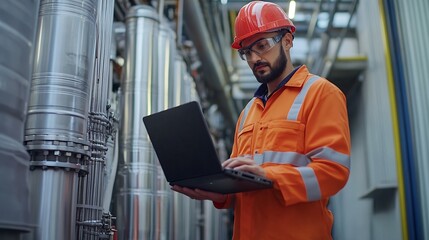 Fototapete - engineer using laptop checking industry cooling air conditioner water cooling tower air chiller of large industrial building to control air system at construction site : Generative AI