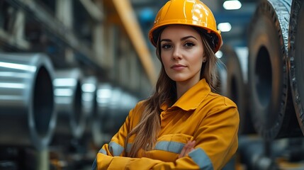 Fototapete - Portrait of a heavy equipment female engineer from a huge industry who came to inspect the metal sheet factorys machinery : Generative AI