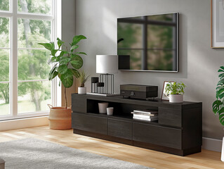 Wall Mural - A black entertainment center with a large flat screen television mounted on the wall. The room has a modern and sleek design, with a potted plant and a vase on the coffee table