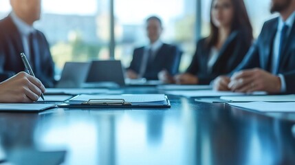 Canvas Print - Cropped view of business people working together at a conference table, focusing on teamwork and strategy