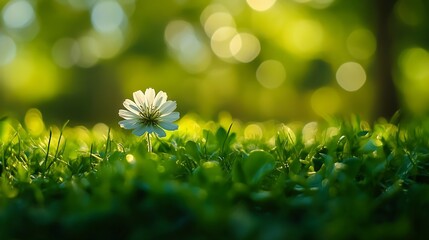 Leinwandbilder - White dandelion in a green grass on a forest meadow Macro image shallow depth of field Abstract summer nature background : Generative AI