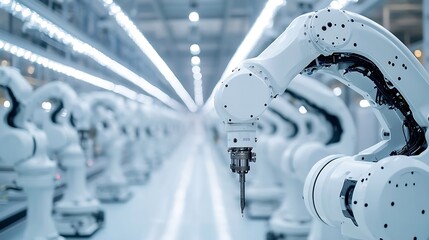 Poster - Industrial Robot Arms Assemble LithiumIon EV Battery Pack Row of White Robotic Arms at Automated Production Line at Bright Modern Factory Electric Car Manufacturing Inside Automotive S : Generative AI