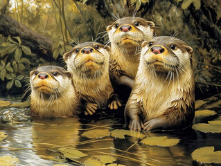 Wall Mural - Four otters are sitting in a pond