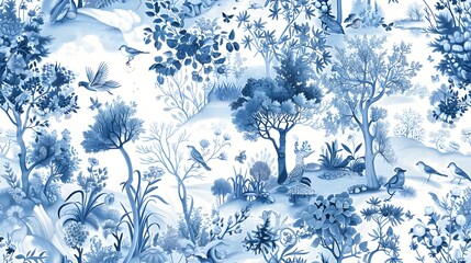 Wall Mural - A serene blue and white botanical print featuring various trees, plants, and birds in a tranquil nature scene. 