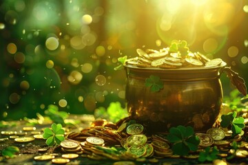 Wall Mural - A pot filled with golden coins lying on the grass, ideal for financial or treasure-themed concepts