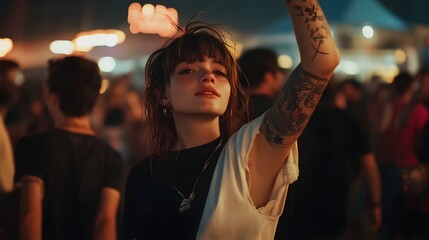 Wall Mural - A young woman with tattoos joyfully raises her arm in a lively festival atmosphere, embodying a sense of freedom and self-expression. 