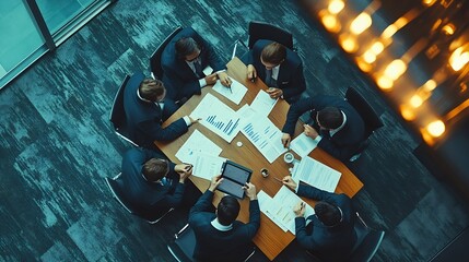 Poster - Top down aerial view of smart business people analyze data together at meeting Group of business team working together and looking at financial chart at tablet placed on meeting table  : Generative AI