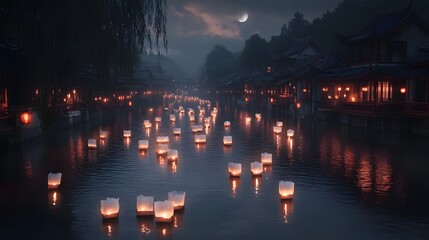 A serene night scene featuring glowing lanterns floating on a tranquil river, framed by traditional architecture under a moody sky. 