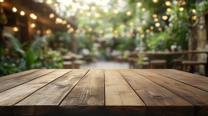 Poster - Empty wood table with blur interior outdoor space coffee  restaurant or cafe for background : Generative AI