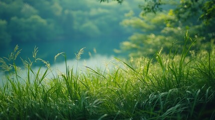 nature environment green grass forest tree leaf summer plant background copy space beauty landscape travel river panoramic view summer day outdoor grassland peak hiking : Generative AI