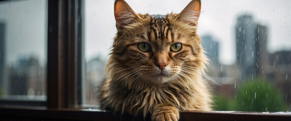 Portrait Fur Cat looking out of a window onto a cityscape in the rain domestic animals