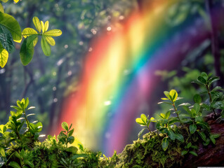 Wall Mural - A rainbow is seen in the foreground of a lush green forest. The rainbow is bright and colorful, and it seems to be shining through the trees. Scene is one of wonder and beauty