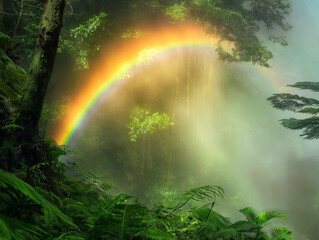 Wall Mural - A rainbow is seen in the forest, with the sun shining through the trees. Scene is peaceful and serene, as the rainbow and the trees create a beautiful and calming scene