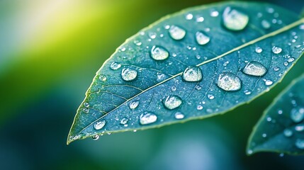 Aufkleber - Beautiful details of nature Morning dew drops on fresh green leaf Summer nature macro pattern fresh rain drops on green leaf Peaceful tranquil ecology Beauty in nature Relaxing soft bl : Generative AI