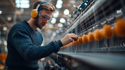 Aufkleber - Textile industry Factory worker with earmuffs standing by large industrial knitting machine and checking threads : Generative AI
