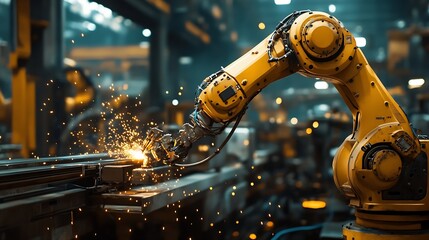 Fototapete - Engineers team mechanic using computer controller Robotic arm for welding steel in steel factory workshop Industry robot programming software for automated manufacturing technology : Generative AI