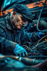 Wall Mural - A person tinkering with a vehicle's engine