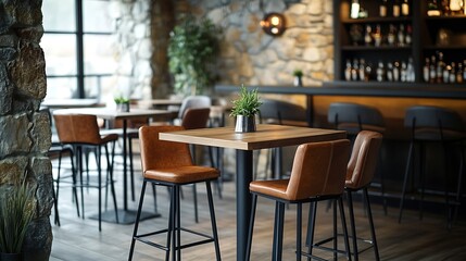 Wall Mural - Seating area with bar tables and bar chairs in a modern cafe industrial style with stone wall wood and black steel : Generative AI