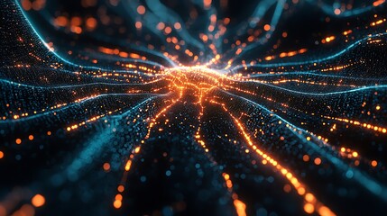 Abstract digital network with orange and blue lights, illustrating the intricate web of connections that power modern technology in a dynamic visual design.