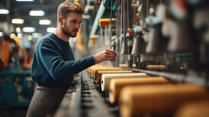 Poster - Textile industry machine with threads and worker in background : Generative AI