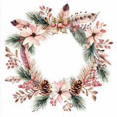 Wall Mural - A wreath with pine needles and berries. The wreath is white and has a pink and green color scheme