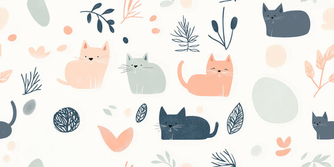 Wall Mural - Playful seamless pattern of adorable cats in pastel colors surrounded by abstract shapes and leaves on a white background, perfect for children's decor.