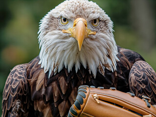 Canvas Print - A bald eagle is holding a baseball glove in its talons. The eagle's eyes are focused on the camera, and it is looking directly at the viewer. Concept of strength and power