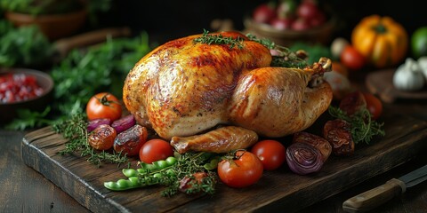 Wall Mural - A fresh juicy turkey on the table, surrounded by vegetables and cooking utensils on a wooden background. used for a restaurant menu or a Christmas or Thanksgiving festive dish