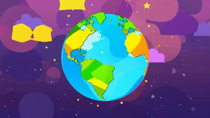 Sticker - our vibrant world: a cartoon earth smiles amidst playful clouds and stars, radiating joy and wonder 