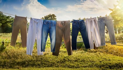 Pants, trousers, hanging on the rope for drying, sunny day