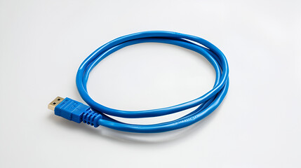 Blue network cable on white ,USB  Data & Power Cable isolated on White Background ,Close-up ,Blue patch cord for ethernet isolated on white ,Blue network plug isolated on white background,closeup shot