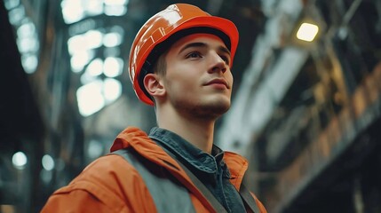 Poster - Young caucasian industrial worker holds belt for lift heavy load on hoist of crane in steel factory : Generative AI