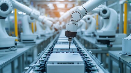 Poster - Industrial Robot Arms Assemble LithiumIon EV Battery Pack Row of White Robotic Arms at Automated Production Line at Bright Modern Factory Electric Car Manufacturing Inside Automotive S : Generative AI
