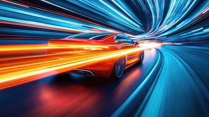 Red sports car speeding on a highway at night with motion blur