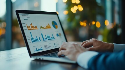 Fototapete - Businessman using laptop computer analyzing sales data and financial report business growth graph chart digital marketing planning and strategy financial report business finance and in : Generative AI