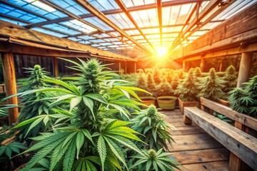 Vibrant green cannabis plants thrive in a sunny greenhouse, lush foliage and buds bursting with life, surrounded by rustic wooden beams and natural light.