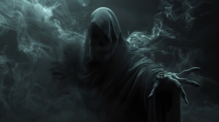 Grim reaper reaches towards the camera in a foggy scene