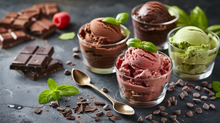 Tea, chocolate and green tea ice cream in glass cup.Collection of different desserts.Gourmet summer dessert of artisanal or craft ice cream made.