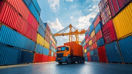 Leinwandbilder - Container Export Logistic Crane Forklift Port Blue Sky Background Space Road Import Business Freight Logistic Transport Custom Industry Service Airplane Container Ship Truck Cargo Stac : Generative AI