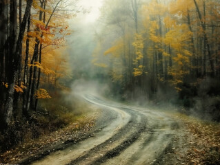 Canvas Print - A road with a foggy mist in the background. The road is surrounded by trees with leaves on the ground