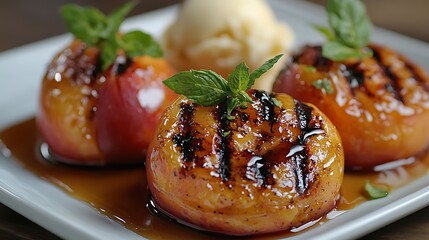 Grilled peach dessert with caramel sauce and mint garnish, offering a sweet and savory treat that�s both rich and refreshing.