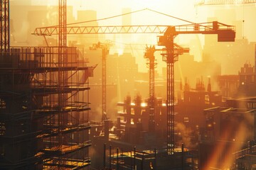 Canvas Print - Heavy machinery on a building site with multiple cranes, perfect for architecture or engineering projects